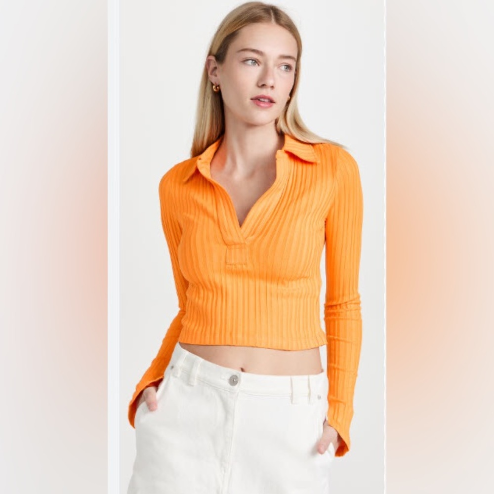 NWT Helmut Lang Cotton Cropped Rib Knit Long Sleeve Polo in Orange, Size XS